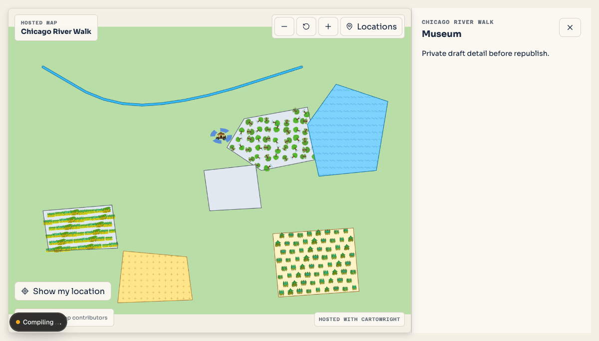 A hosted Cartowright map with illustrated fields, water, paths, location controls, and a visitor detail panel