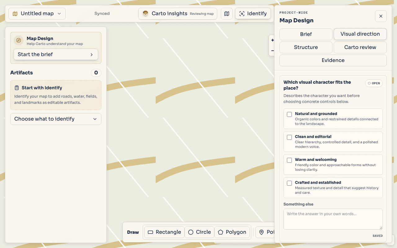 Cartowright editor showing the Map Design guide, real map canvas, and plain-language visual direction choices