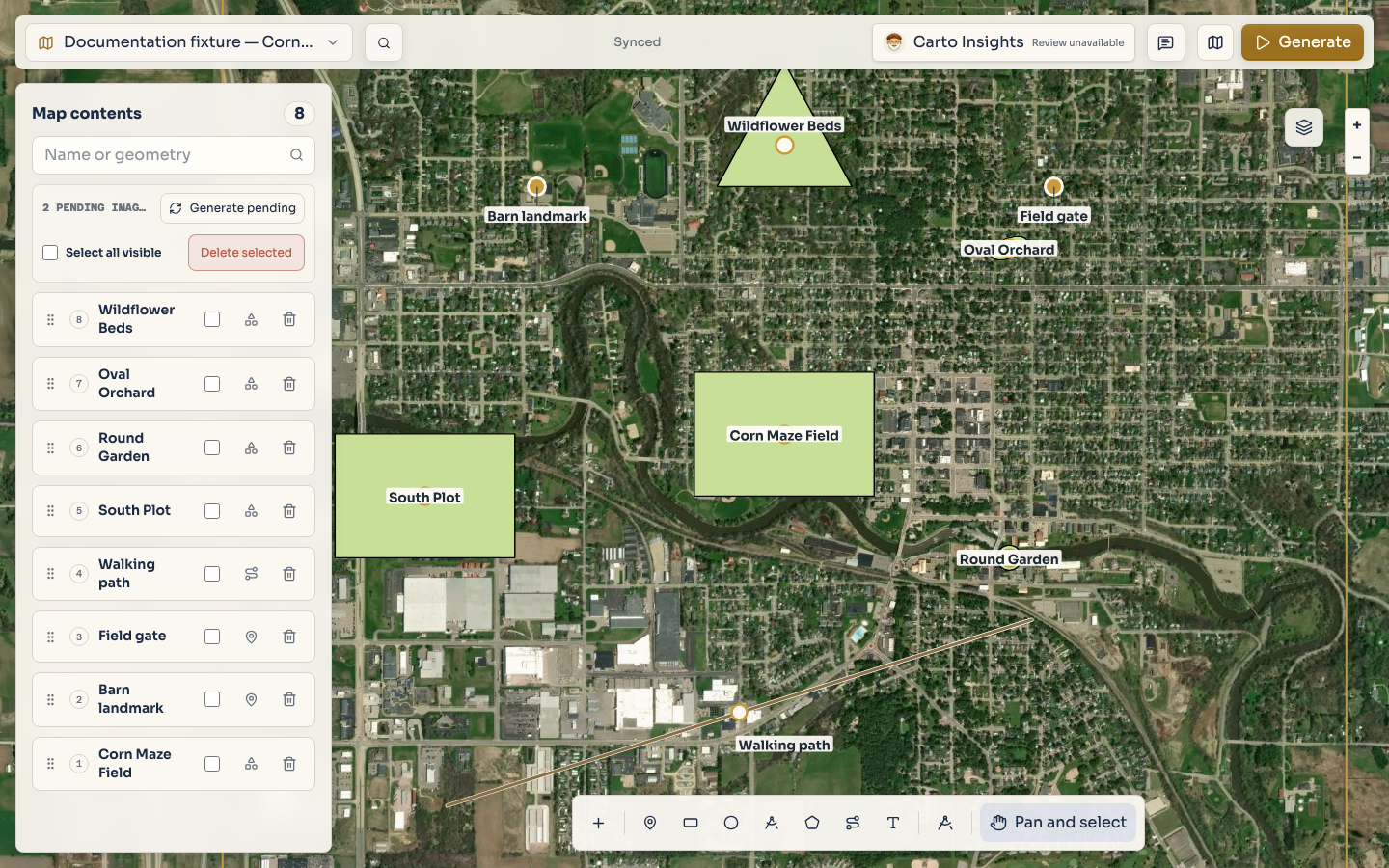 The map editor with its six drawing tools and synthetic demonstration map visible.